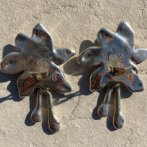 925 Vintage 925 Sterling Large statement clip abstract floral Chunky Earrings 3" - Picture 15 of 15